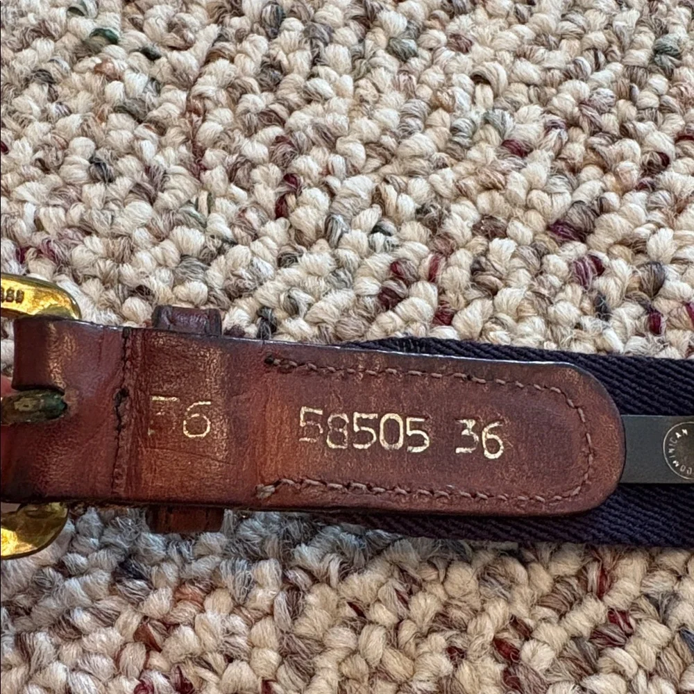 Vintage Brown and Navy Belt with Brass Buckle. Fabric & Leather. 36